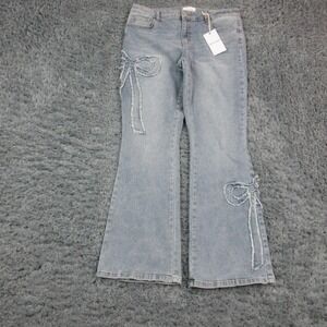 Poppy & Grace Jeans Womens 32 Blue Bow Fringe Flare Stretch 34x30.5* NWT